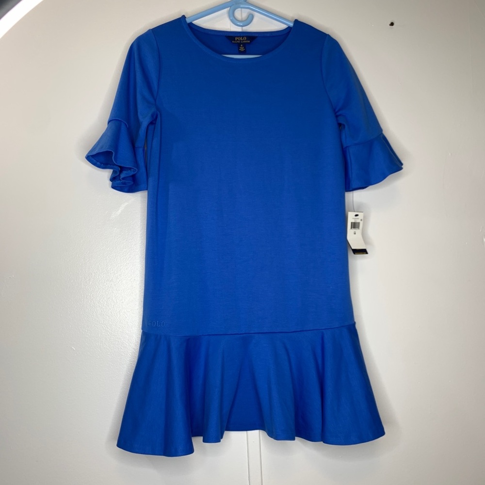 NEW Ralph Lauren Girls Sz 16 Blue Ruffle Trim Holiday Dress STUNNING